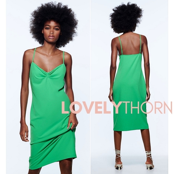 ZARA // green ruched adjustable straps midi slip dress - Picture 5 of 11
